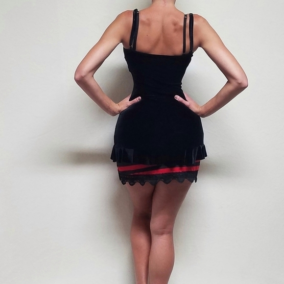 VINTAGE Shirley of Hollywood Black Velvet  Asymmetric Ruffle Mini Lingerie Dress - Picture 3 of 15